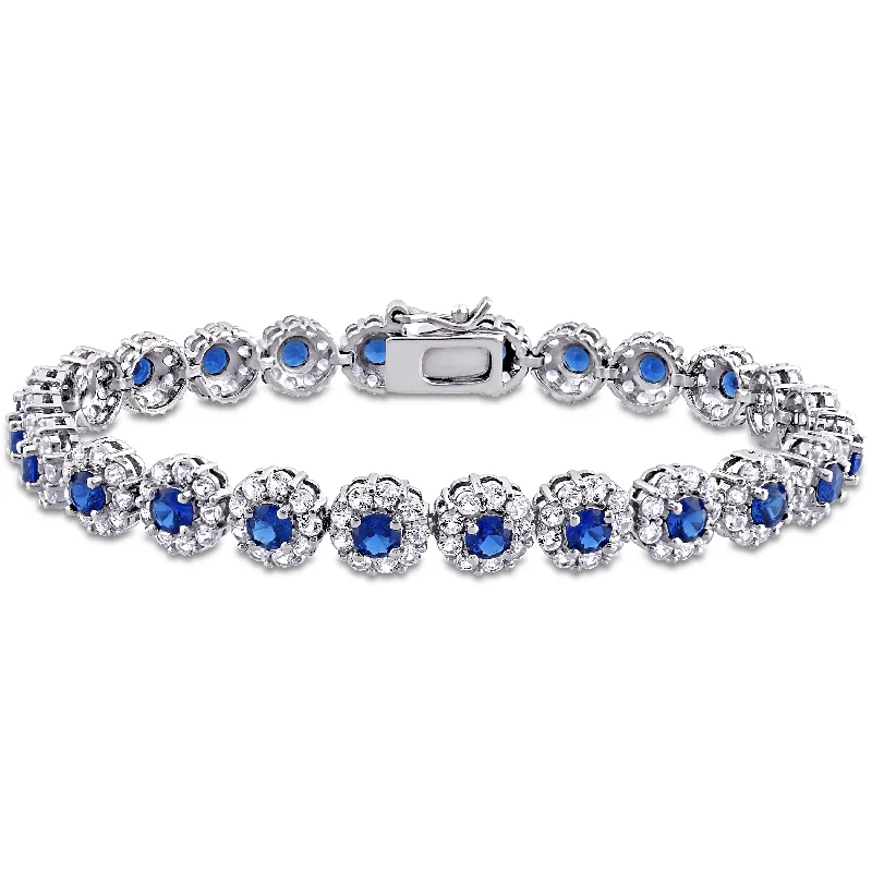 Stretch stone bracelet-11-1/3ct TGW Created Blue and White Sapphire Halo Floral Tennis Bracelet in Sterling Silver by Miadora - 7 in x 7.5 mm x 3 mm