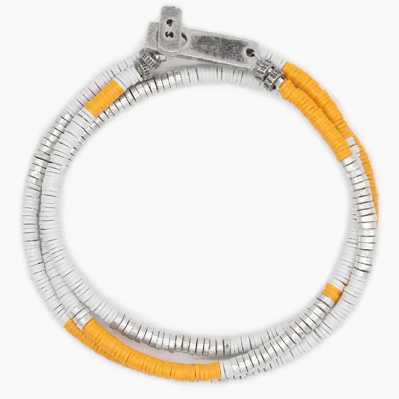 Glistening silver bracelet-3 Laps Bracelet With Vinyl And Sterling Silver Beads (White/Orange)