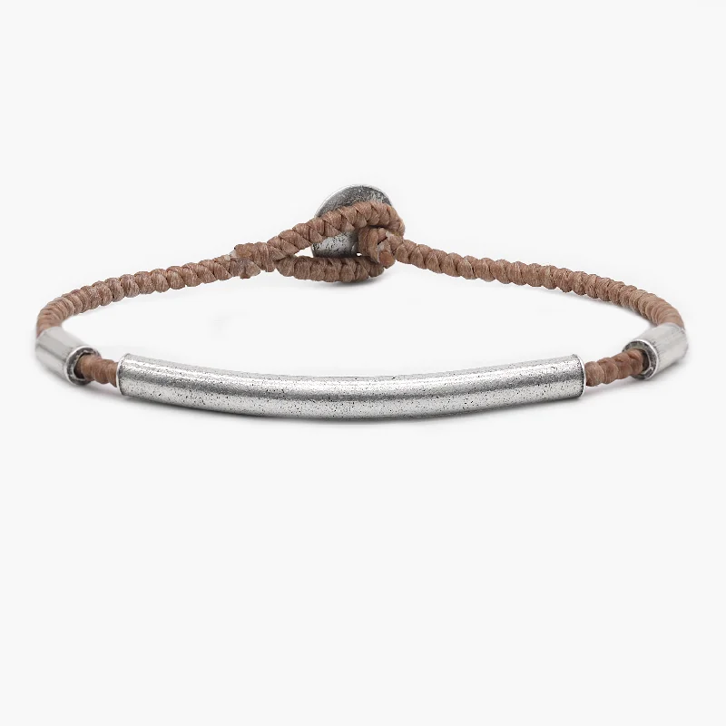 Skewed stone bracelet-Braided Bracelet With Sterling Silver Bar (Light Brown)