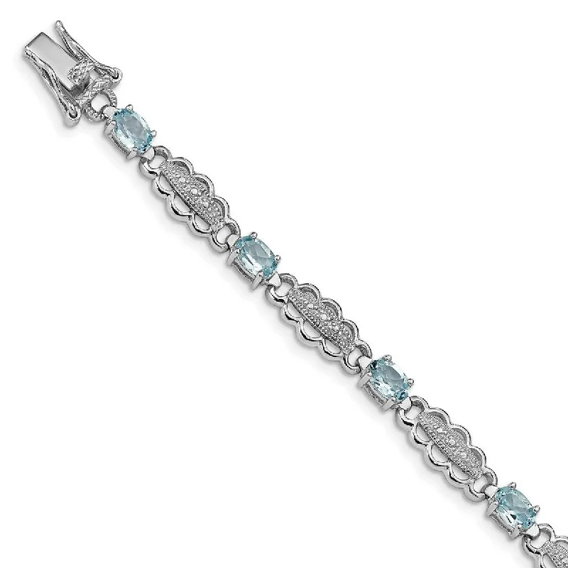 Shiny gold bracelet-Curata 925 Sterling Silver Textured Polished Box Catch Closure Aquamarine and Diamond Bracelet