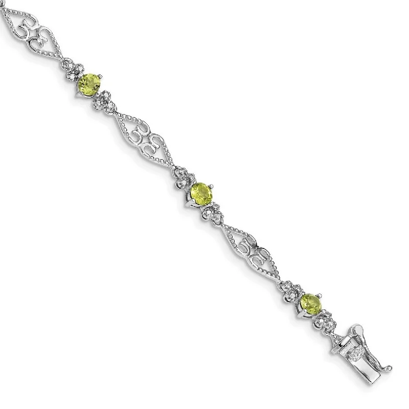 Fine-etched bracelet-Curata 925 Sterling Silver Textured Polished Box Catch Closure Diamond Peridot Bracelet