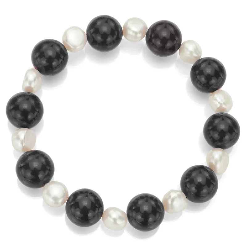 Etched initial bracelet-DaVonna 12mm Round Black Onyx and 8-8.5mm White Freshwater Pearl Stretch Bracelet, 7.5"