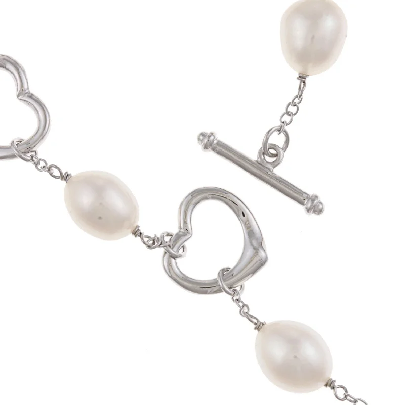 Deep-set stone bracelet-DaVonna Heart Shape Sterling Silver 7-8mm White Freshwater Cultured Pearl Bracelet, 7.5-inch