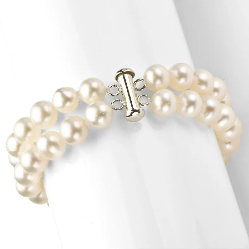 Sleek-cut bracelet-DaVonna Sterling Silver 2-row White Freshwater Cultured Pearl Bracelet, 8-9mm