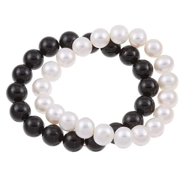 Bold garnet bracelet-DaVonna White FW Pearl and Black Onyx 2 7-inch Stretch Bracelets (9-10 mm)