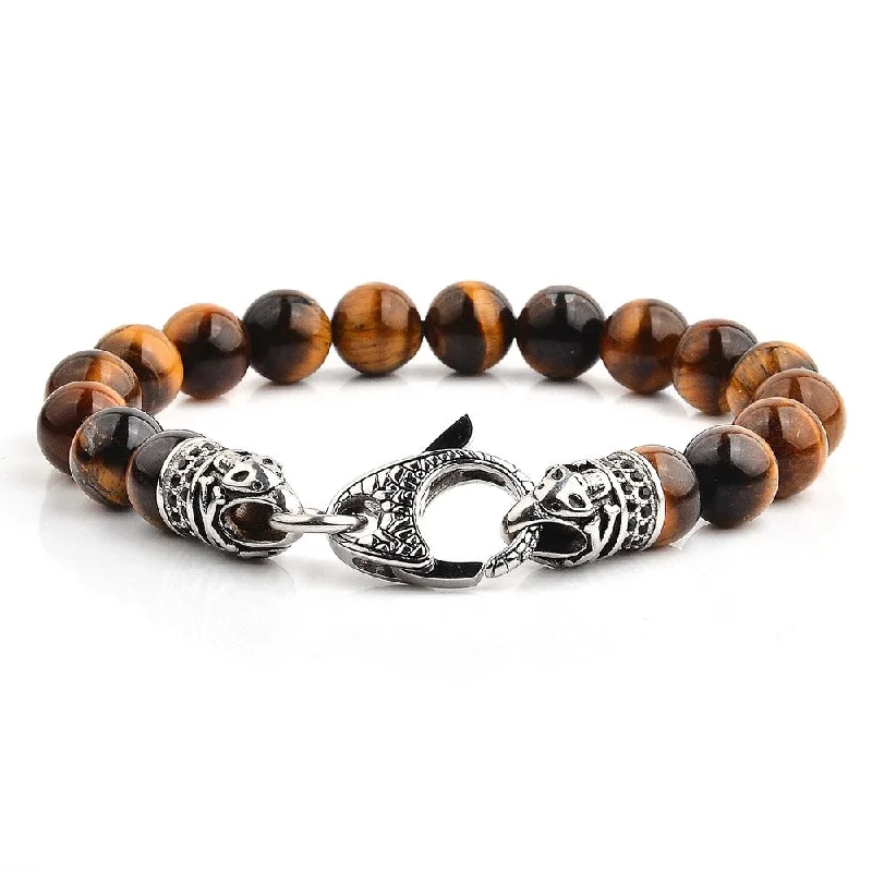 Thick gold bracelet-Men's Antiqued Stainless Steel Polished Tiger's Eye Beaded Bracelet (10mm) - 8.5"