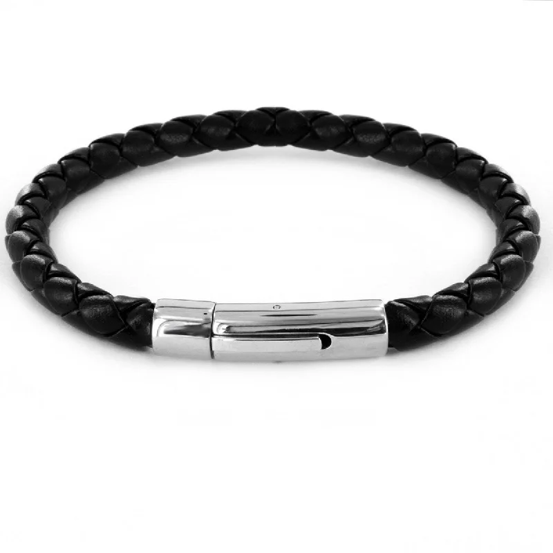 Etched initial bracelet-Men's Black Leatherette and Steel Clasp Braided Cuff Bracelet