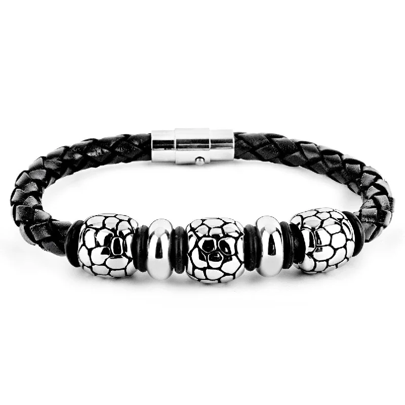 Gentle edge bracelet-Men's Cobblestone Steel Accent Bead Braided Leather Bracelet