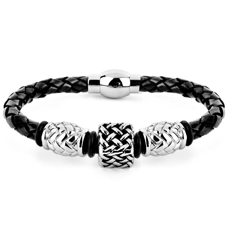 Wave motif bracelet-Men's Lattice Steel Square Bead Braided Leather Bracelet