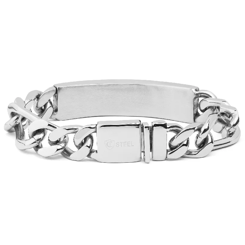 Hovering diamond bracelet-Men's Polished Steel Figaro Chain ID Bracelet