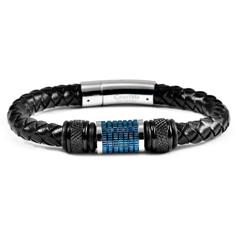 Staggered band bracelet-Men's Stainless Steel Beads Black Leather Bracelet (8mm) - 8.25"