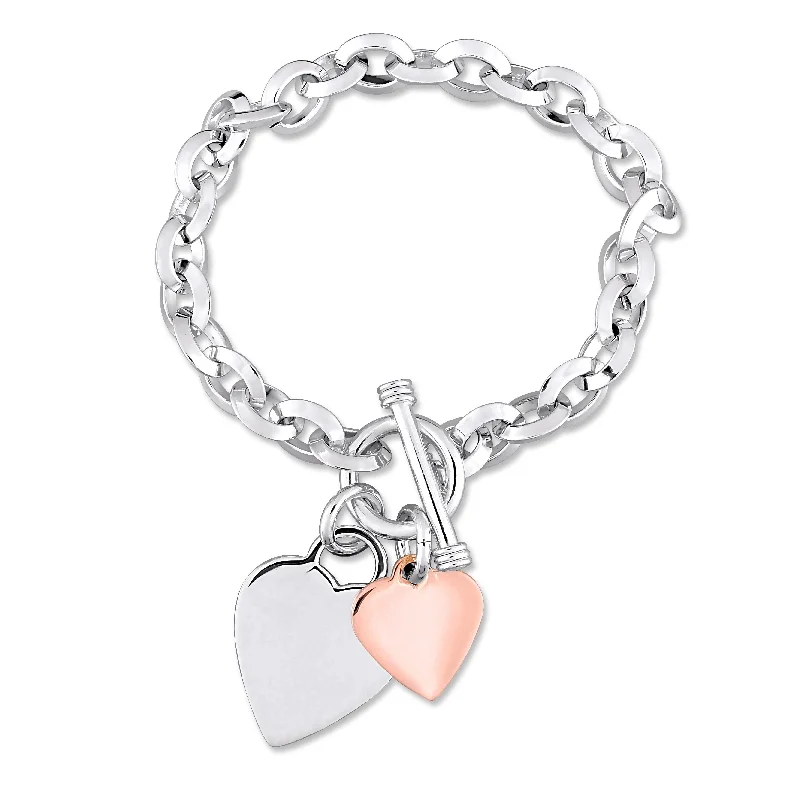 Crested wave bracelet-Miadora 2-Tone White and Rose Plated Sterling Silver Double Heart Charm Bracelet