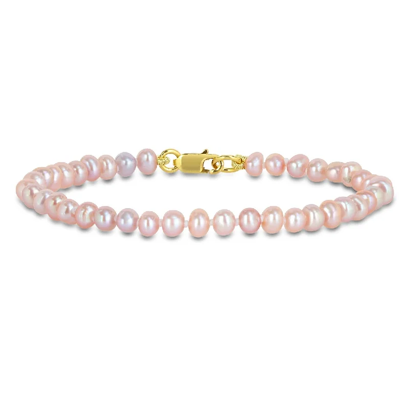 Pierced design bracelet-Miadora 3-4mm Pink Cultured Freshwater Pearl Bracelet Yellow Silver Clasp