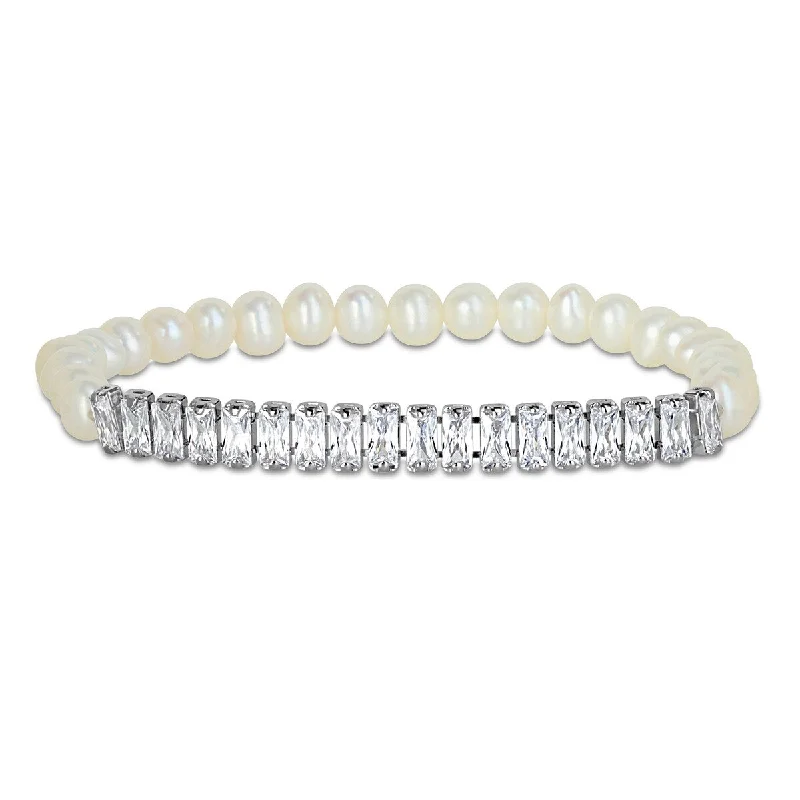 Dusk moon bracelet-Miadora 5.5-6mm Cultured Freshwater Pearl 3 5/8ct TGW CZ Bracelet Sterling Silver