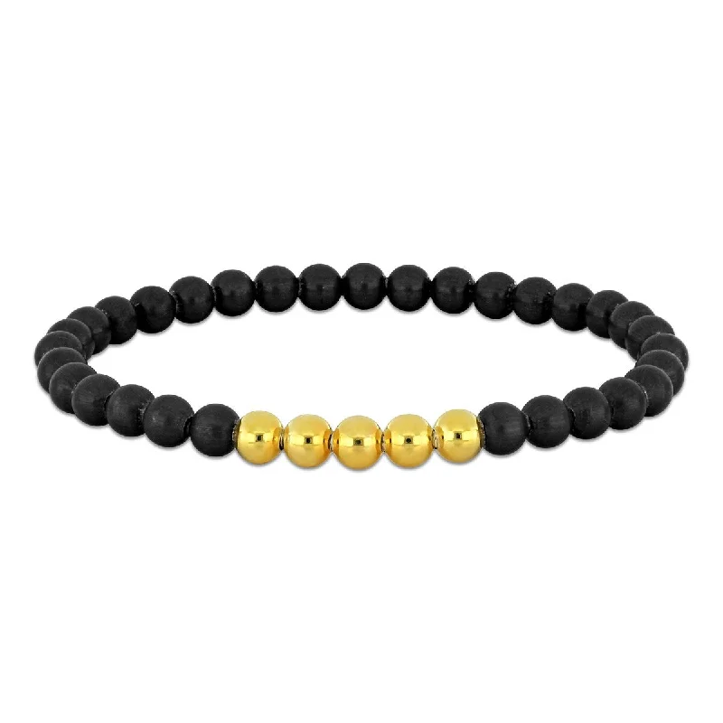 Fractured crystal bracelet-Miadora Men's 6mm Black Titanium Bead Bracelet Yellow Silver 9 in