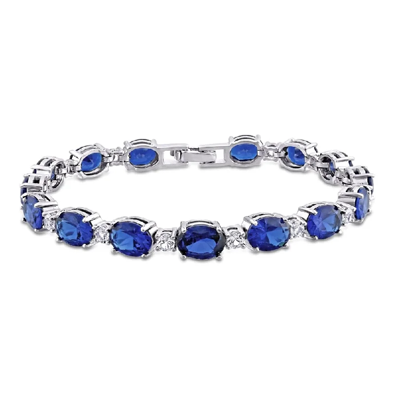 Gripped stone bracelet-Miadora Sterling Silver Created Blue and White Sapphire Oval Link Tennis Bracelet