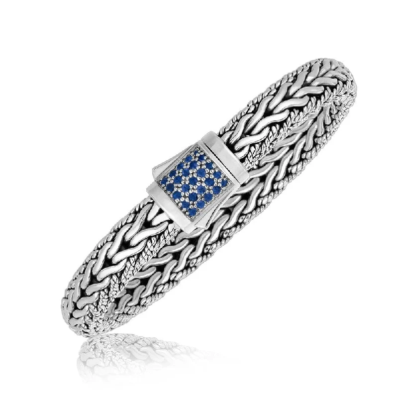 Eleven-gem bracelet-Sterling Silver Blue Sapphire Designed Braided Men's Bracelet