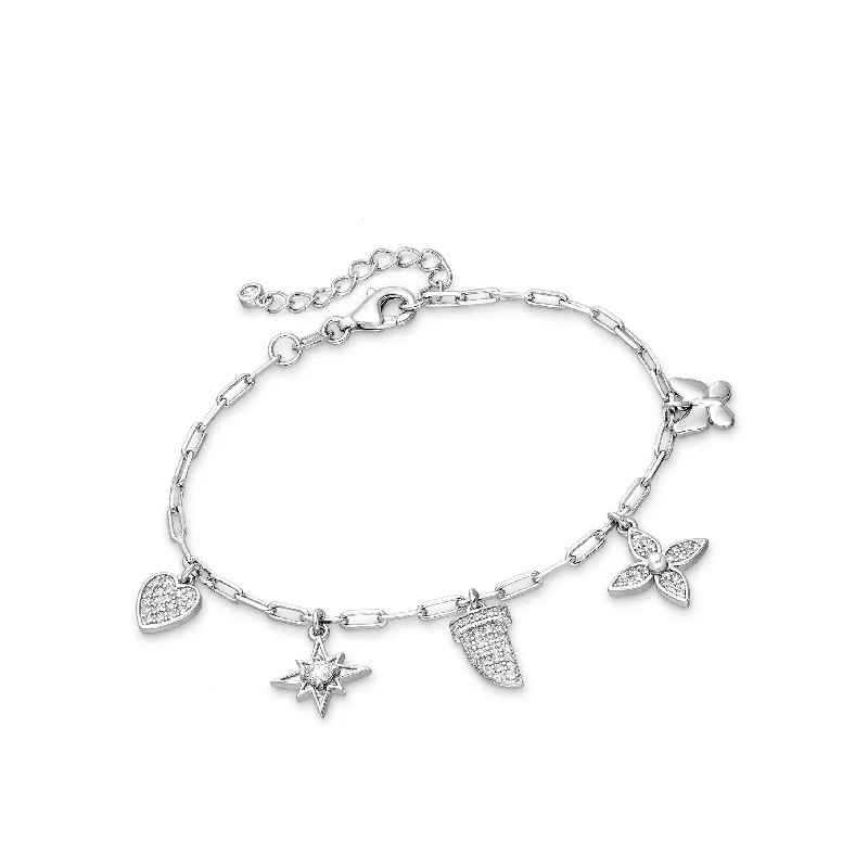 Shiny tungsten bracelet-Sterling Silver & Cubic Zirconia Pave Floral Star Heart Charm Bracelet