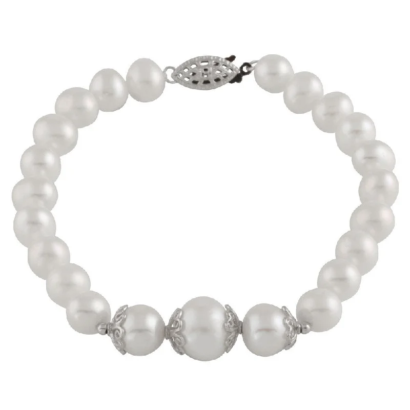 Ridged pattern bracelet-Sterling Silver Graduated Freshwater Pearl Bracelet