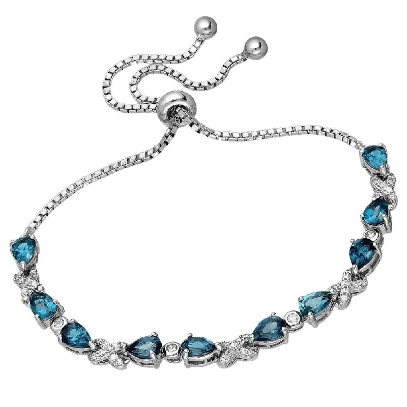 Dense sapphire bracelet-Sterling Silver London Blue Topaz & Clear CZ Teardrop Adjustable Bracelet