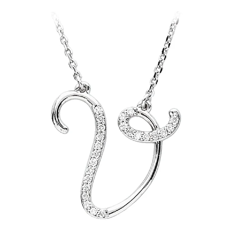 Astral design necklace-1/8 Ctw Diamond Sterling Silver Medium Script Initial V Necklace, 16in