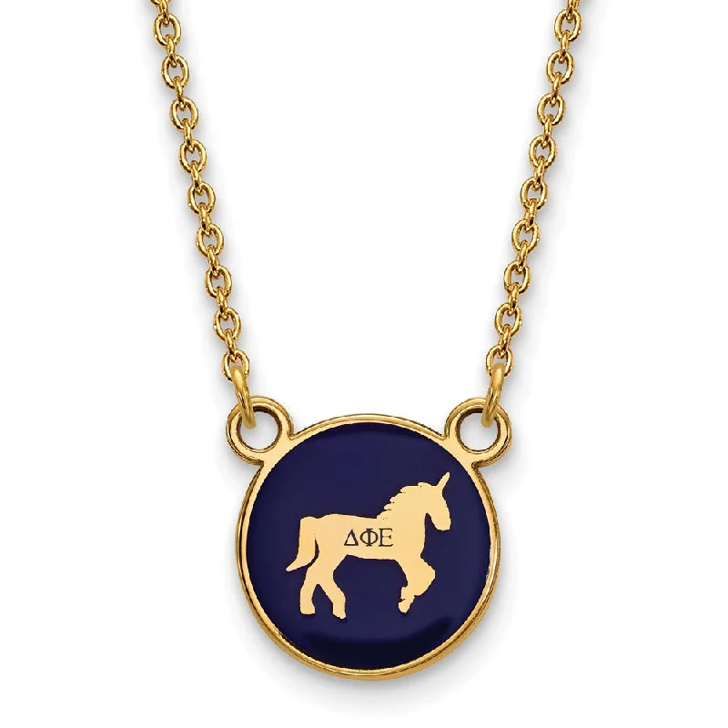 14K Plated Silver Delta Phi Epsilon Small Blue Enamel Mascot Necklace