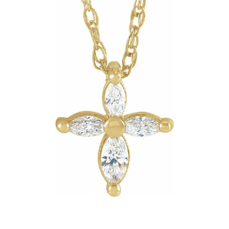 14K Yellow Gold 1/6 CTW Diamond Marquise Tiny Cross Necklace, 18 Inch