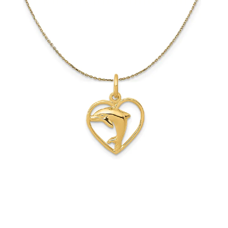 Rough rim necklace-14k Yellow Gold 13mm Dolphin and Heart Necklace