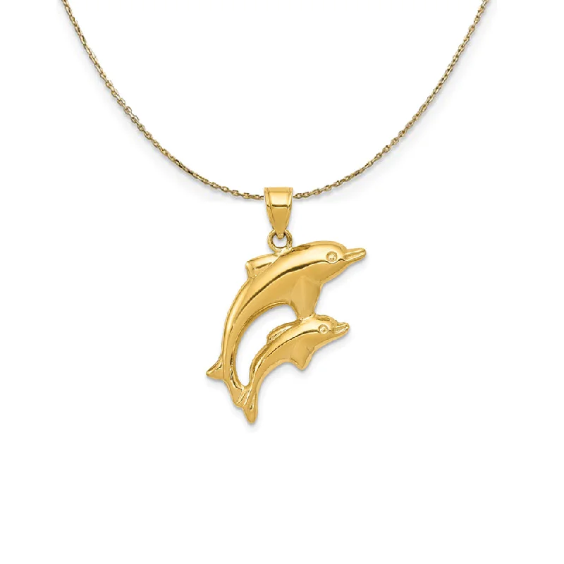 Ridged edge necklace-14k Yellow Gold 3D Mother and Baby Dolphin Necklace