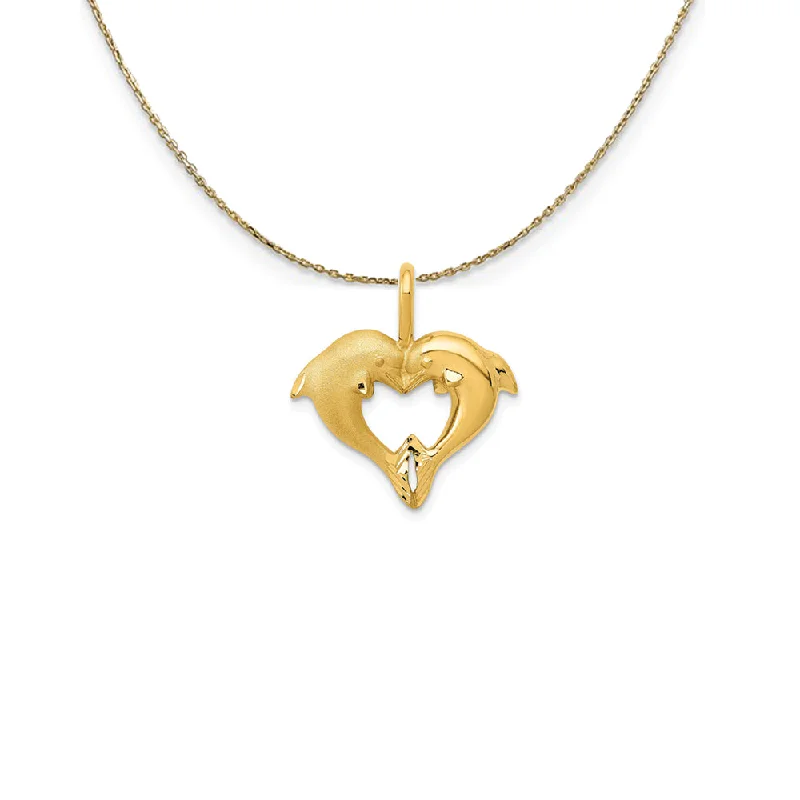 Slim chain necklace-14k Yellow Gold Dolphins Heart Shaped Necklace