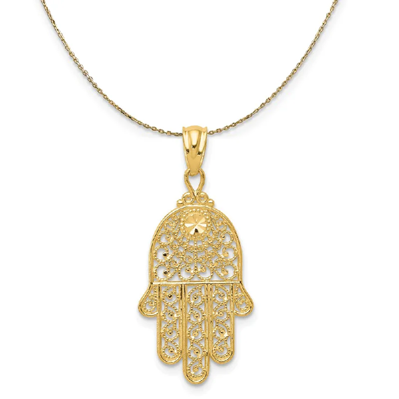 Bold agate necklace-14k Yellow Gold Filigree Hamsa Necklace