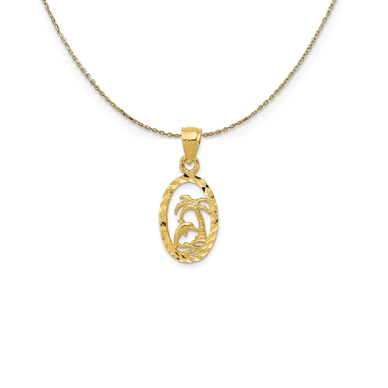 Wide-band necklace-14k Yellow Gold SM Diamond Cut Dolphin and Palm Tree Necklace