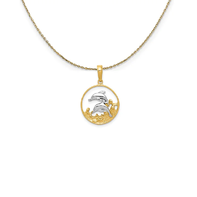 Dome motif necklace-14k Yellow Gold Two Tone Double Dolphins in Circle Necklace