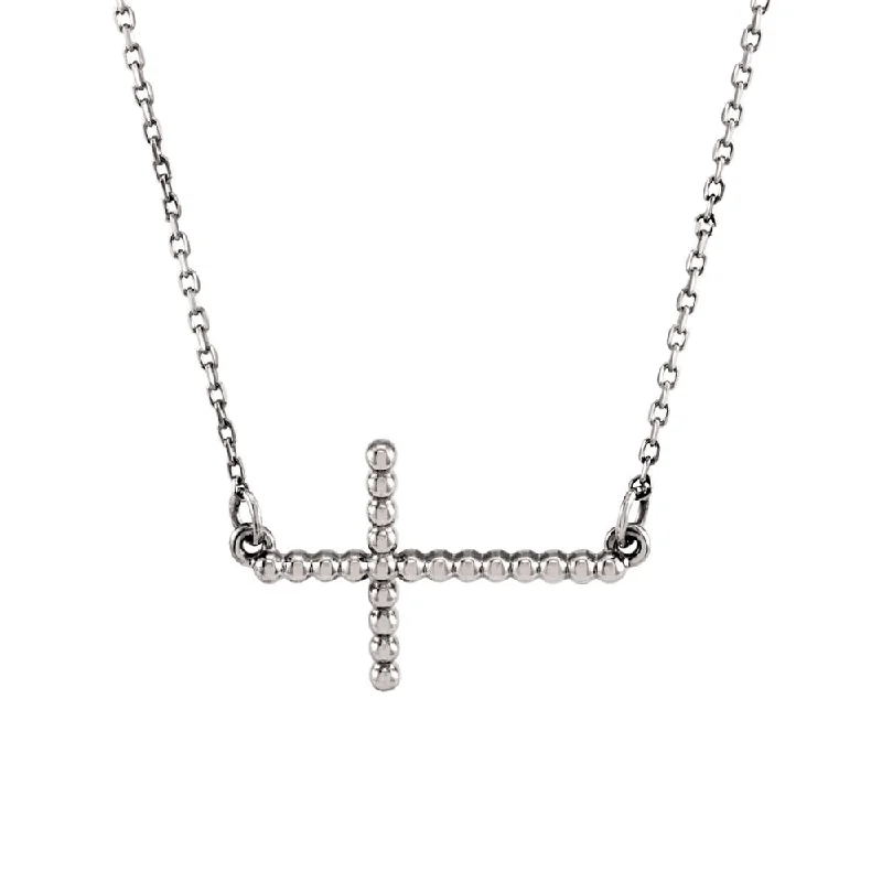 Crested bar necklace-15.5mm Sideways Beaded Cross Necklace in 14k White Gold, 16.5 Inch