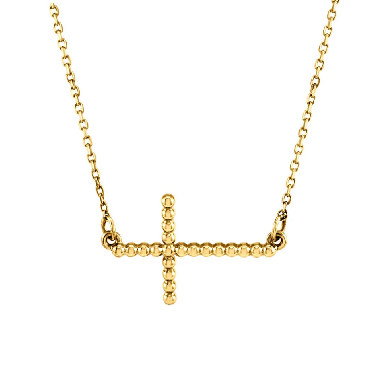 15.5mm Sideways Beaded Cross Necklace in 14k Yellow Gold, 16.5 Inch