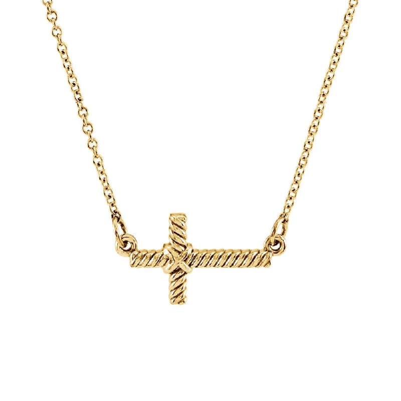 Twisting design necklace-16mm Sideways Rope Cross Necklace in 14k Yellow Gold, 16.5 Inch