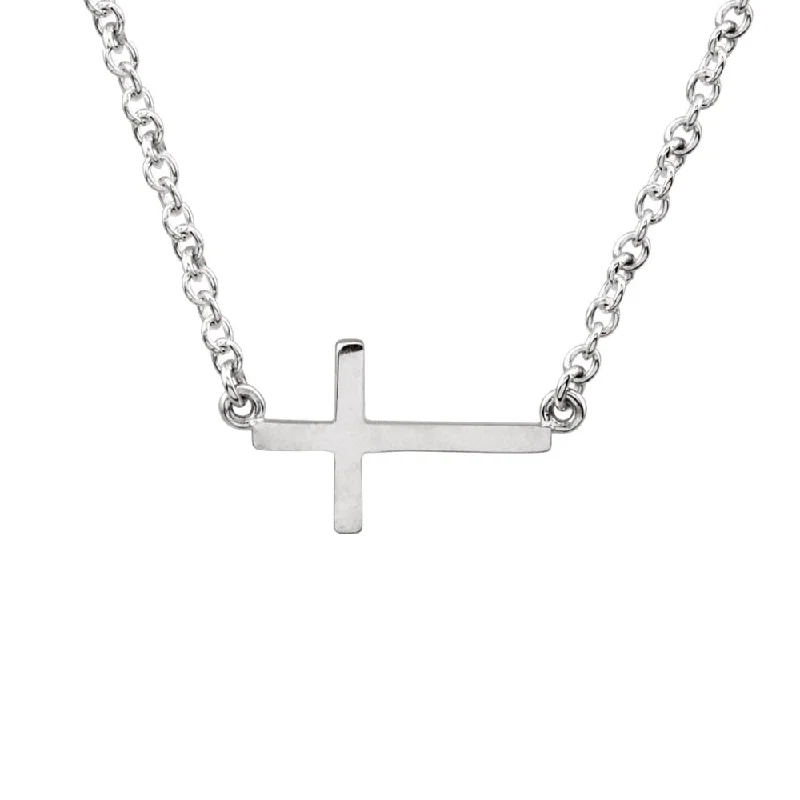 17mm Polished Sideways Cross Adjustable 14k White Gold Necklace