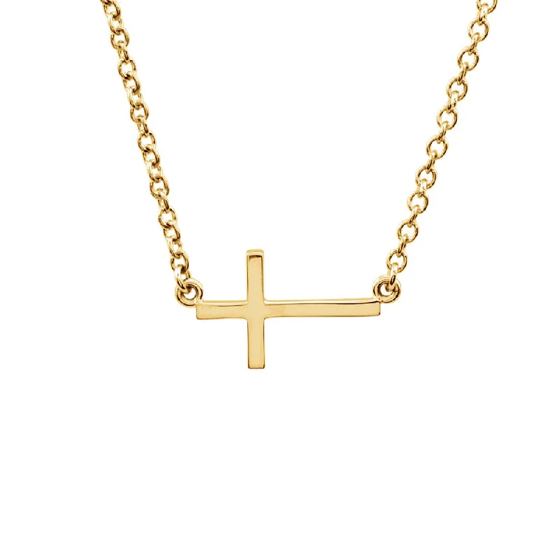 Jagged rim necklace-17mm Polished Sideways Cross Adjustable 14k Yellow Gold Necklace