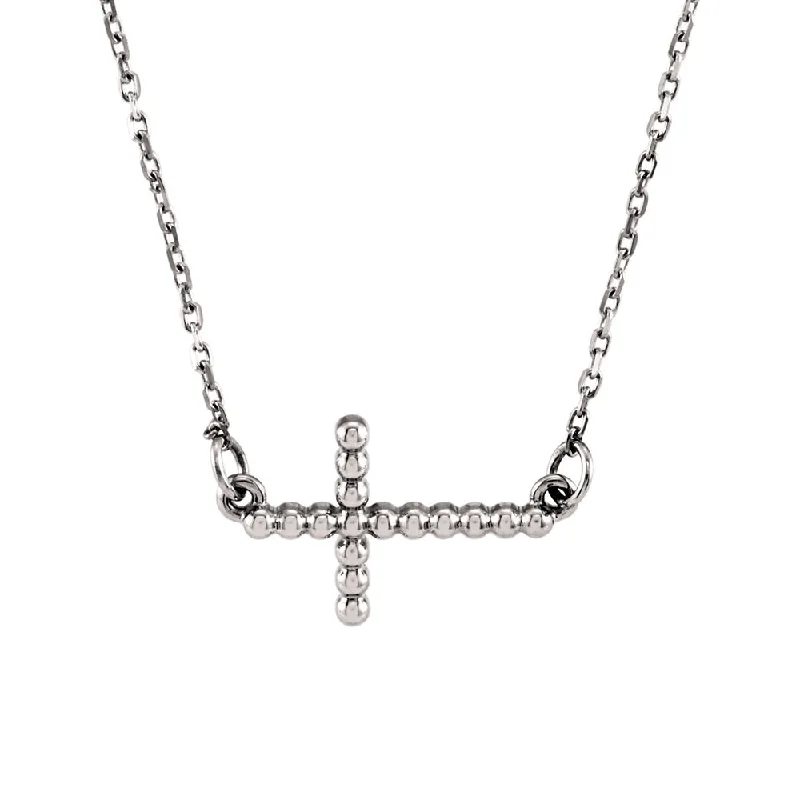 Scalloped edge necklace-19.5mm Sideways Beaded Cross Necklace in 14k White Gold, 16.5 Inch