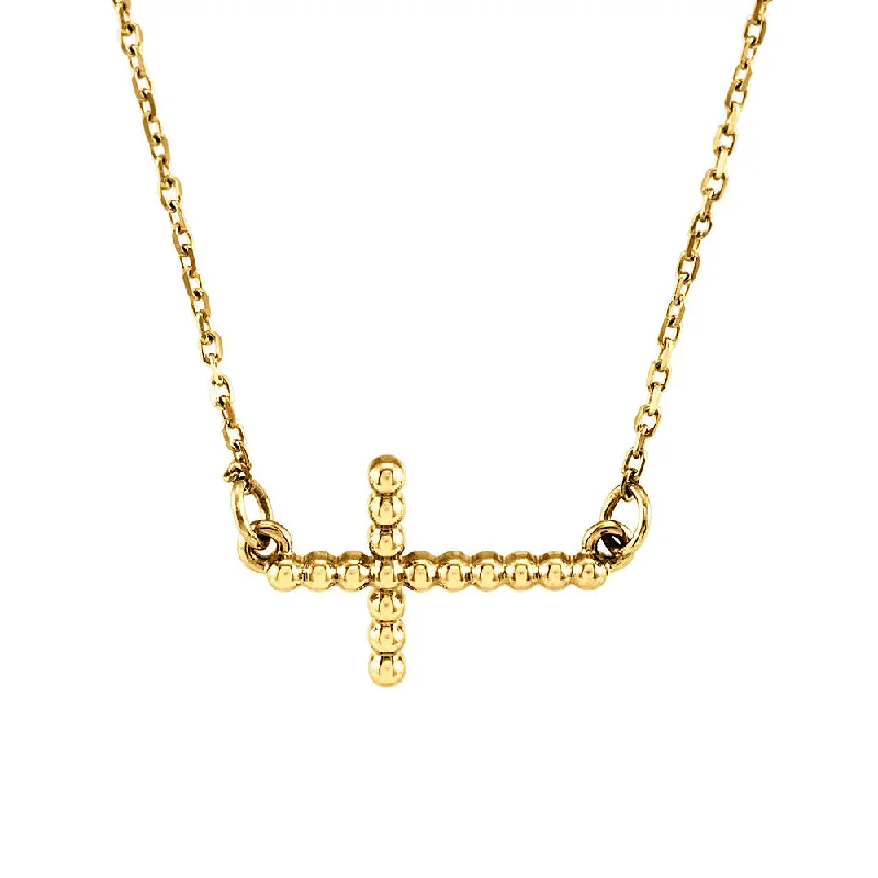 Six-heart necklace-19.5mm Sideways Beaded Cross Necklace in 14k Yellow Gold, 16.5 Inch