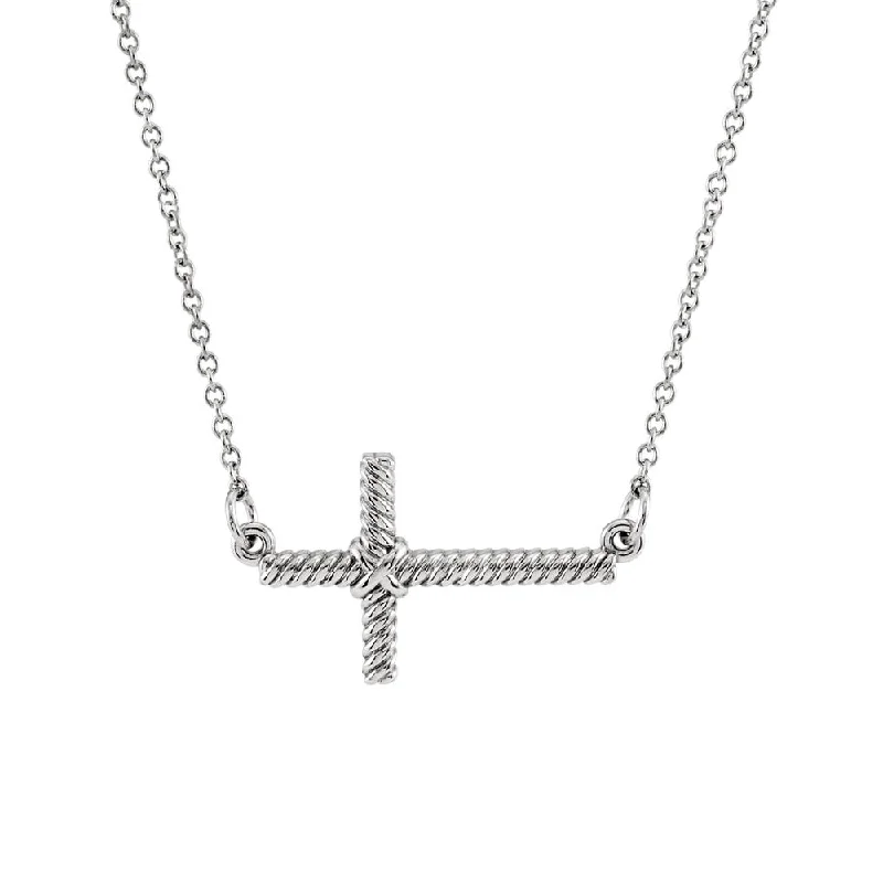 Bold gem necklace-20mm Sideways Rope Cross Necklace in 14k White Gold, 16.5 Inch