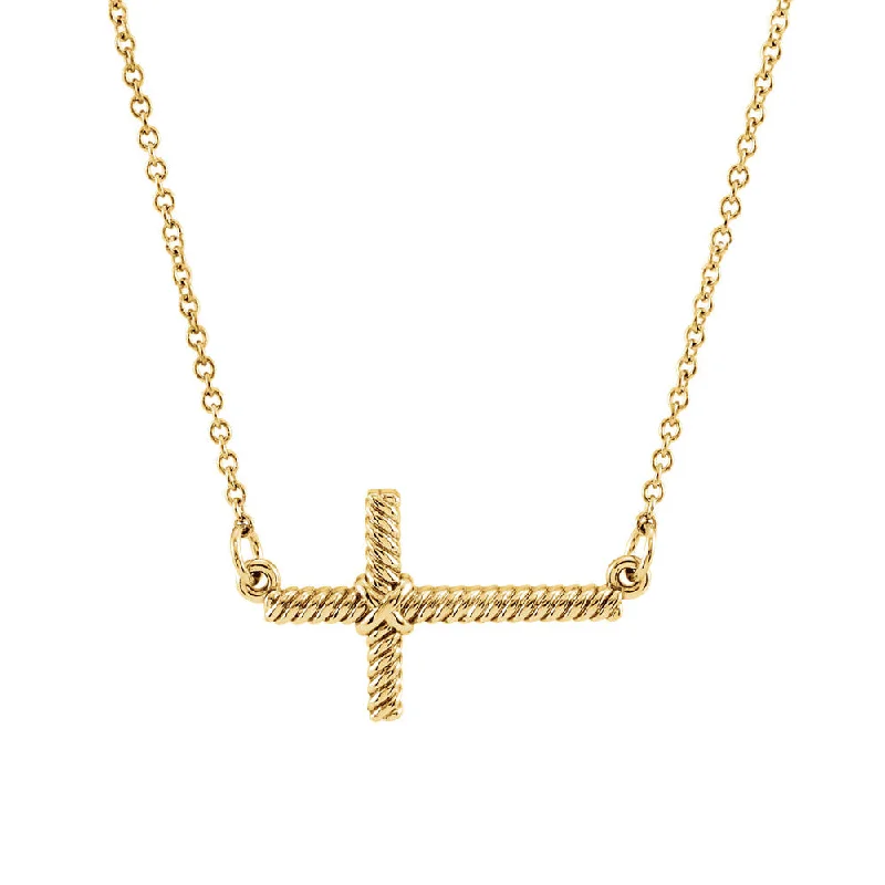 Forged gold necklace-20mm Sideways Rope Cross Necklace in 14k Yellow Gold, 16.5 Inch