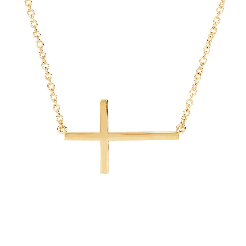 28mm Polished Sideways Cross Adjustable 14k Yellow Gold Necklace