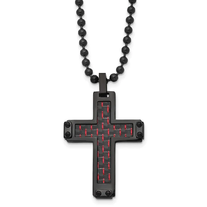 Black Plated Stainless Steel Blk/Red Carbon Fiber Cross Necklace, 22in