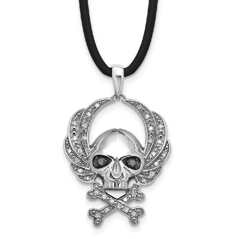 Bold garnet necklace-Black & White Diamond Sterling Silver Skull & Crossbones Cord Necklace