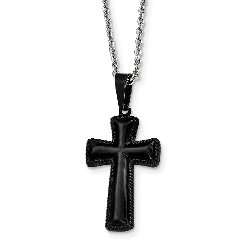 Chiseled design necklace-Medium Black Plated Pillow Cross Necklace in Stainless Steel, 18 Inch