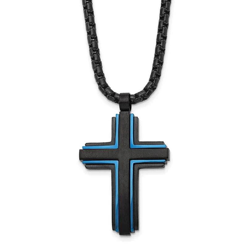 Eleven-gem necklace-Men's Black & Blue Plated Stainless Steel Cross Necklace, 24 Inch