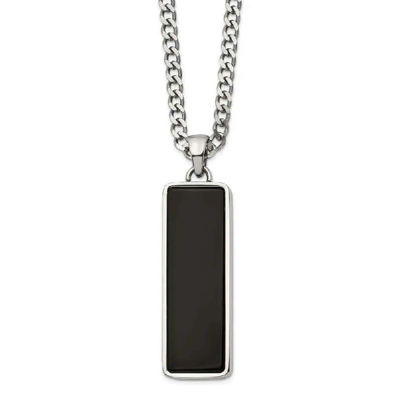 Glinting drop necklace-Men's Stainless Steel & Black Onyx Inlay Rectangle Necklace, 22 Inch