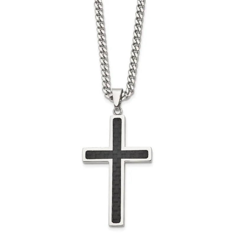 Open-dusk necklace-Men's Stainless Steel & Blk Carbon Fiber Large Cross Necklace, 24 Inch