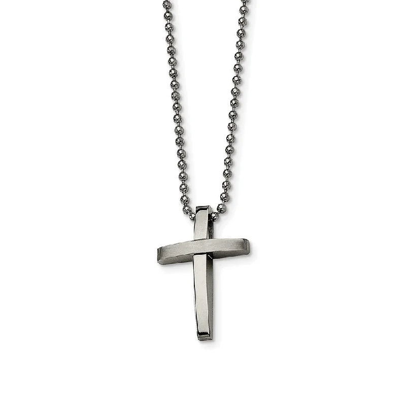 Scratched-edge necklace-Men's Stainless Steel Small Brushed and Polished Cross Necklace, 18 In